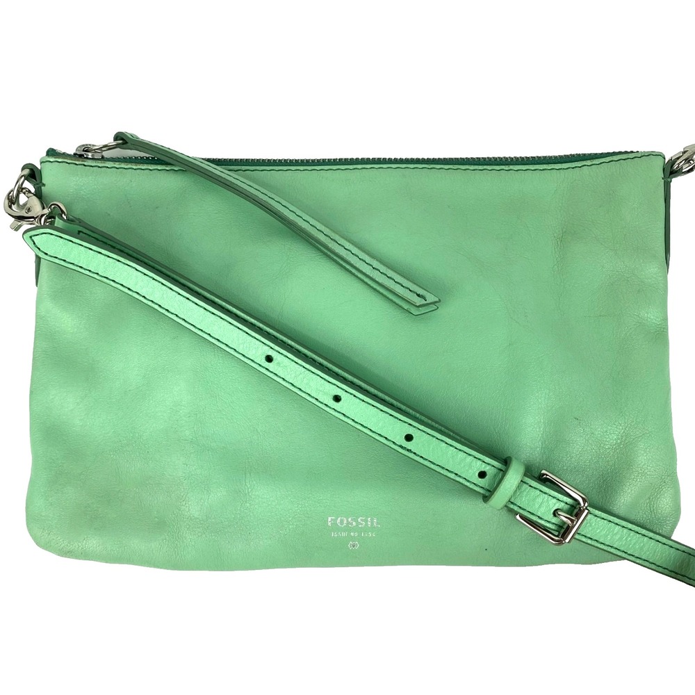 Fossil Leather Shoulder Bag Purse Clutch Winter Green Detachable Strap #1954 Vtg